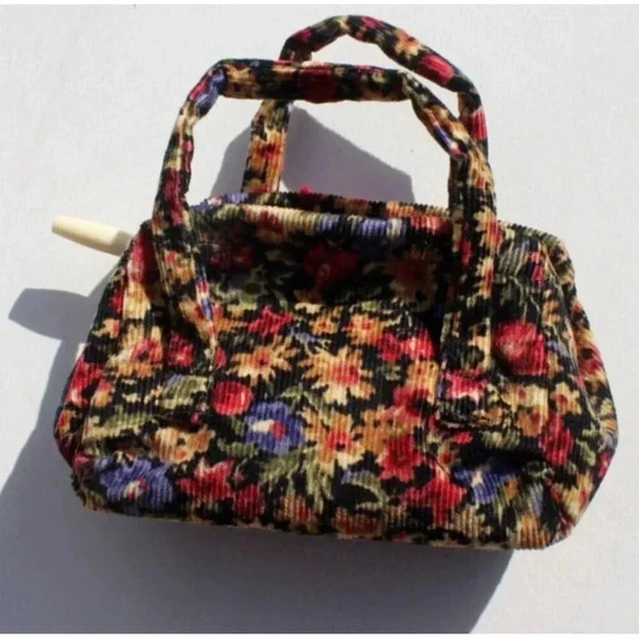 VINTAGE MINIATURE Green Corduroy Accessory DOLL PURSE W/ Umbrella - Picture 2 of 3